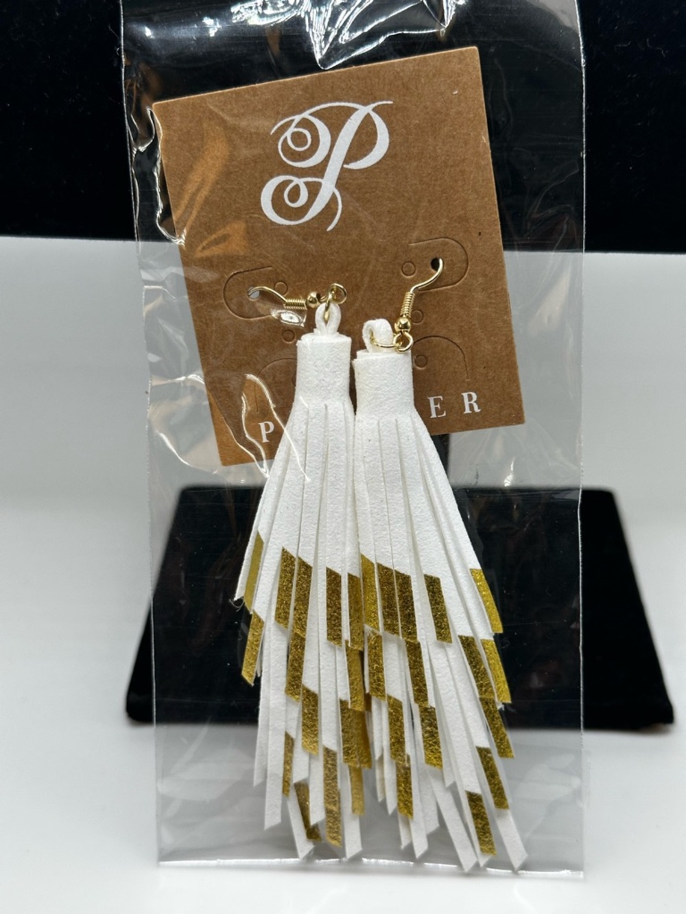 PLUNDER  Goldtone White & Gold Casual Dangling Faux Leather Boho Earrings